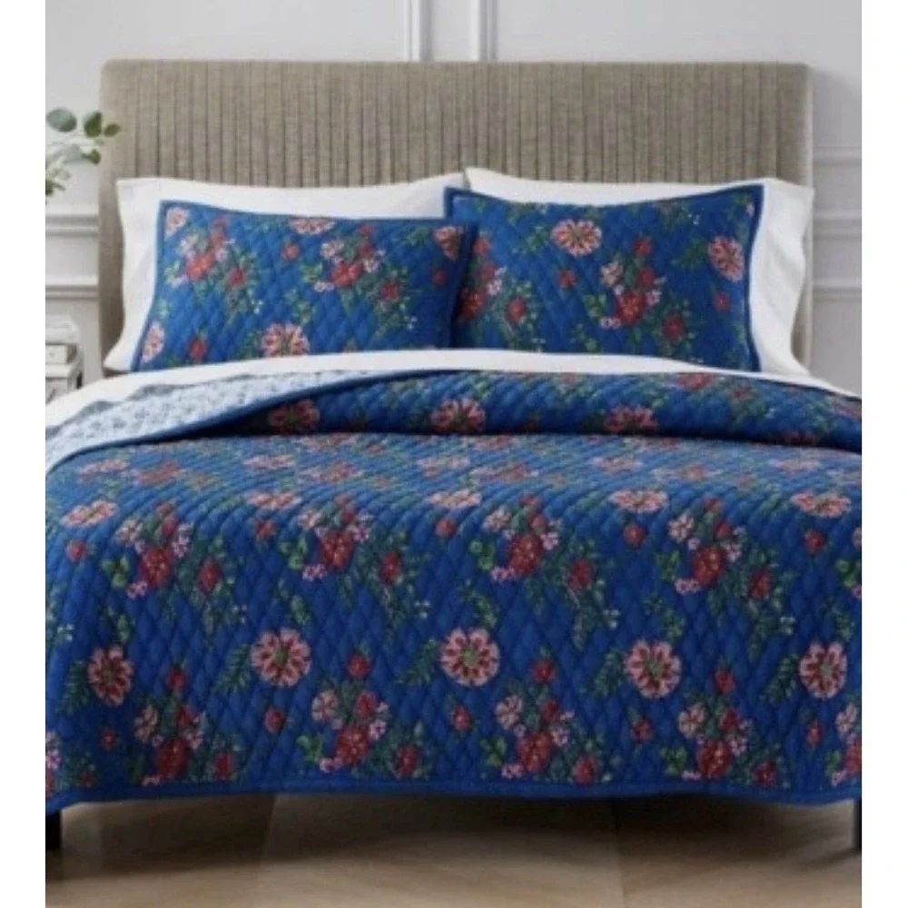 Aqua QUEEN Quilt & Shams Set Reversible Blue Toile Printed Floral Cotton Navy